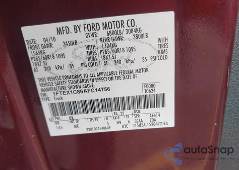 2010 Ford F-150 Fx2 Sport/Stx/Xl/Xlt from USA, damaged, VIN 1FTEX1C86AFC14756